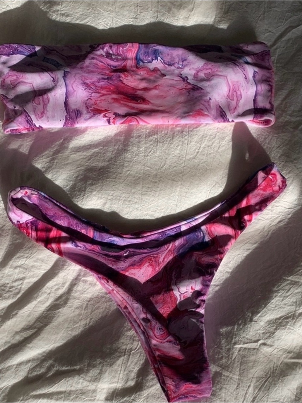 Pink Marble Print Bandeau Bikini Set - Women